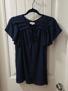 Max Studio Navy Tie-Neck Flutter Sleeve Blouse